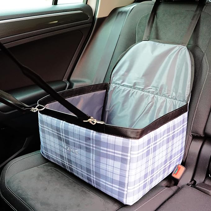 SUSSEXHOME Pets Water and Stain Proof Dog Car Seats for Small Dogs - 15.75 x 12.6 x 9.85 Inches Dog Booster Seat with Removable, Adjustable Fastening Straps - Gray-Tartan