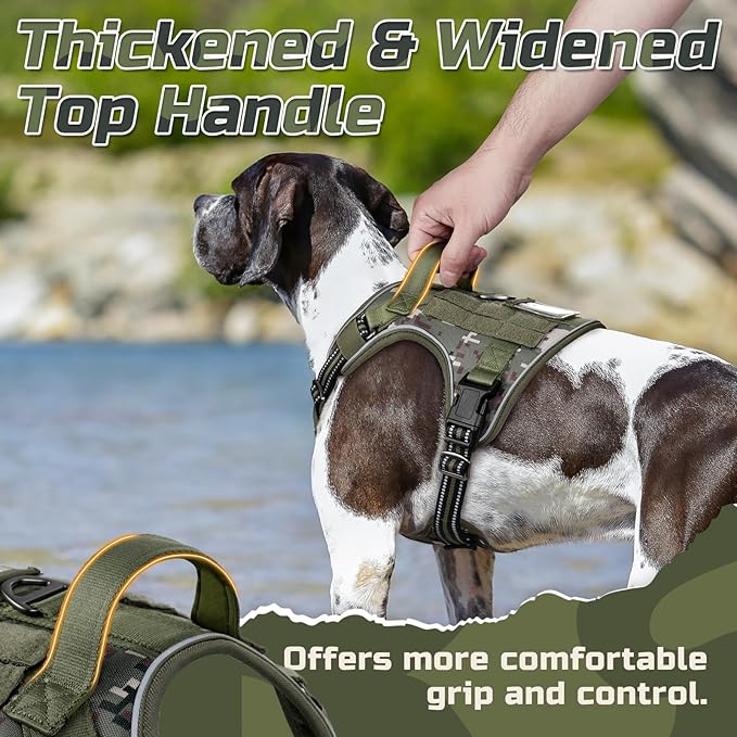 rabbitgoo Tactical Dog Harness for Large Dogs, No Pull Military Service Vest with Handle & Molle, Easy Control for Training Walking, Adjustable Reflective Straps, Green camo, XL