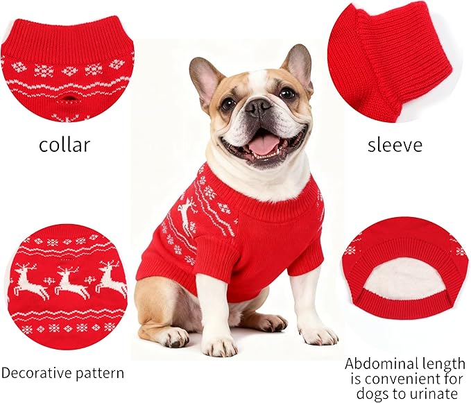 Christmas Small/Medium Dog Sweater, Warm Dog Winter Coat w/Sleeves & Leash Hole, Comfy Stretch Premium Dog Clothes for Bulldog-Best for Holidays, Daily Walks L Red