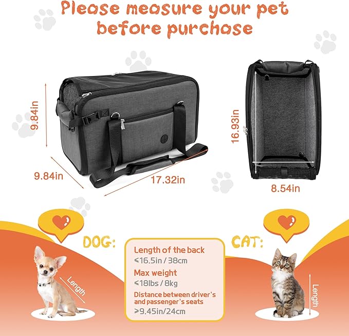 WOYYHO 18 lbs Console Dog Car Seat Luxury Center Console (Width >9in) Dog Car Bed Carseat with Soft Cushion and Safety Belt, Easy Install Stable No Shaking, Waterproof Anti-Slip PU Leather