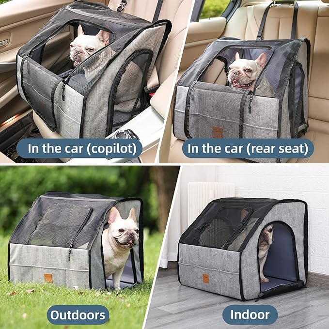 Travel Safety Carrier for Pets, Collapsible Dog Crate for Car Travel, Portable Car Seat Kennel for Small Medium Dogs Cats with Storage, Soft Dog Soft-Sided Carrier with Mesh Zipper Windows L