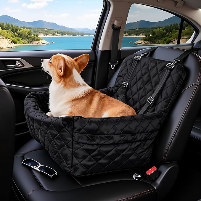 Dog Car Seats for Small Dogs, Memory Foam Dog Car Seat Medium Sized Dogs, Pet Cars Seats for Under 35lbs, Detachable Washable Pet Bag with Storage Pockets & 2 Safety Belts, Easy to Install (Black)