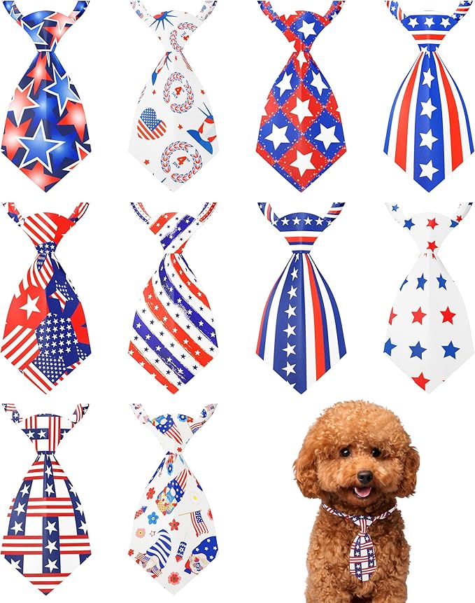 PET SHOW 10 Pack 4th of July Small Dog Ties Neckties for Puppy Doggies Cats Adjustable Holiday Grooming Accessories Patriotic Neck Ties Bowties Girl Boy Pets Memorial Day Holiday Party Costumes