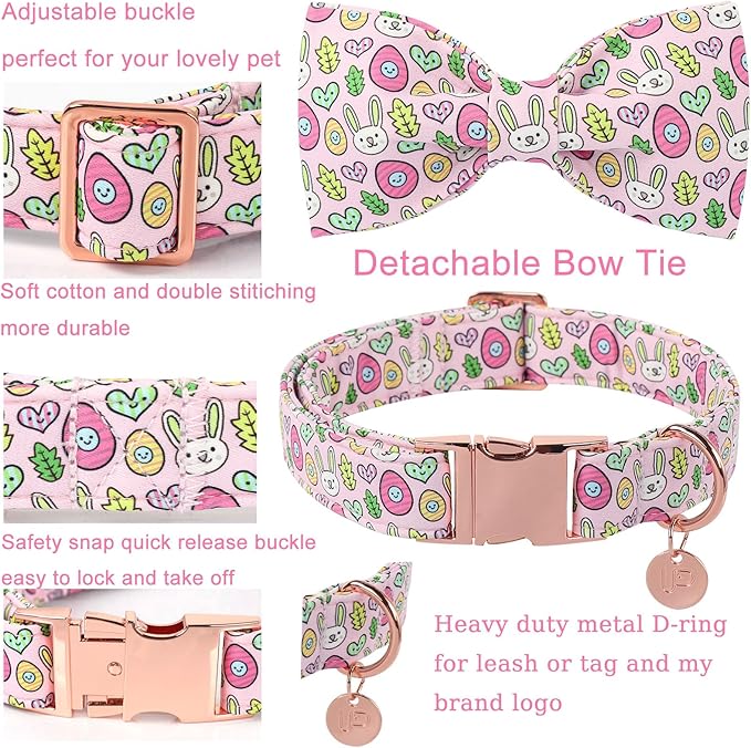 Easter Bunny Dog Collar with Bowtie,Cotton Easter Eggs Bowtie Collar for Puppy Girl Boy Dogs,Cute Bunny Pet Collars with Metal Buckle,Gift Dog Collars, XL, Neck 16-26in