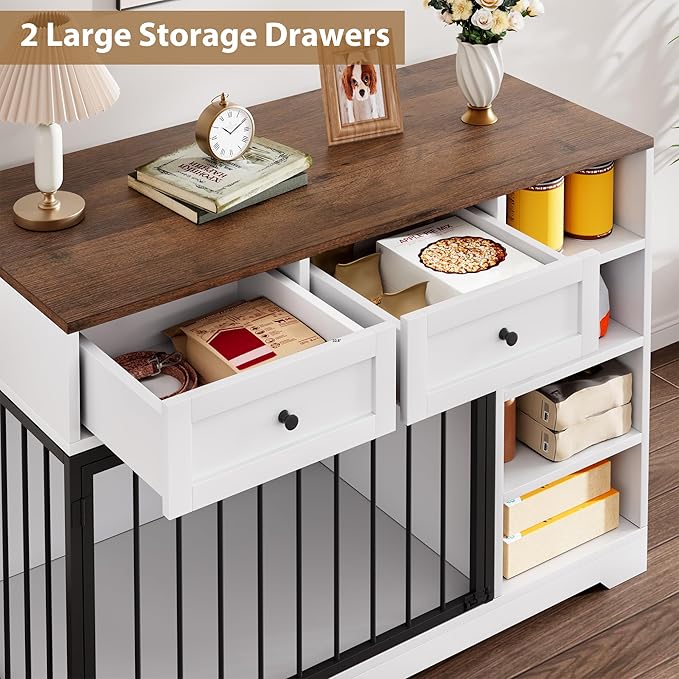 IDEALHOUSE 47” Large Dog Crate, Dog Kennel Indoor with 2 Drawers and 4 Shelves, Dog Crate Furniture TV Stand, Wooden Dog Cage for Medium Large Dogs, White