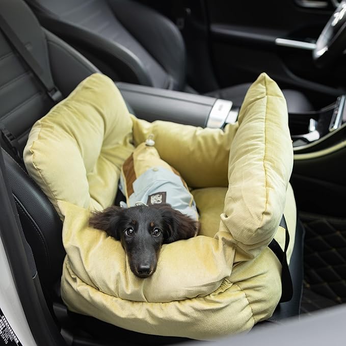 Pet Car Booster Seat, Soft Corduroy, Small Dog Cat Carrier with Safety Straps, Storage Pockets, 18x16x9 Inch, for Pets Under 25 lbs (Lemon Green)