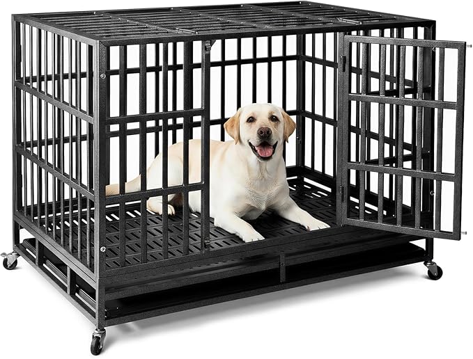 Escape-Proof Heavy Duty 42" Dog Crate, Indestructible Steel Kennel for Large & High-Anxiety Dogs with 300Lbs Capacity, Double Door Design with 4 Locking Wheels and Reinforced Baseplate.