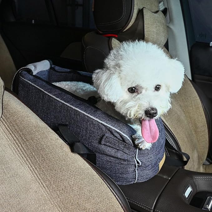Diydeg Console Dog Car Seat, 19.29 x 8.27 x 9.84in Comfortable Portable Dog Bed with Mat, Handle Design Linen Fabric Pet Car Seat Booster Seat for Travel Camping