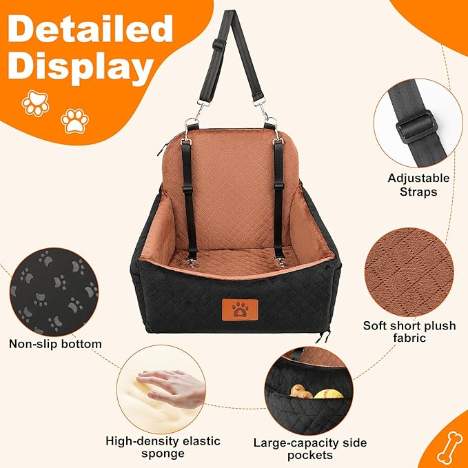 Dog Car Seat for Small/Medium-Sized Under 30 Pounds, Pet Car Seat Travel Bed with 2 Seat Belts and Headrest Seat Belts, Detachable Washable Covers and Side Storage Bags(Black)
