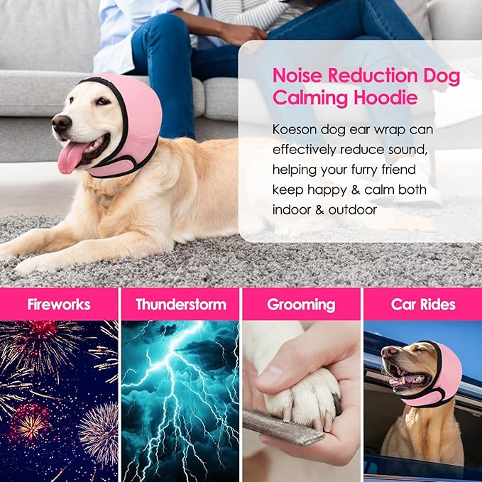 KOESON Dog Calming Hoodie - No Shake Ear Wraps for Dogs, Anxiety Relief & Noise Protection, Water Resistant Pet Ear Cover Muffs for Firework, Grooming, Thunderstorms, Swimming, Bathing, Light Pink M