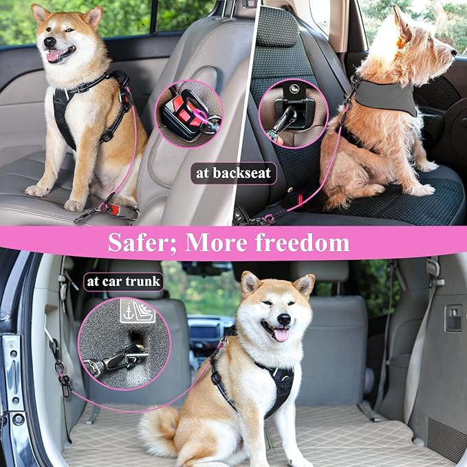 VIVAGLORY Dog Seat Belt Tuffbelt Dog Car Harness, Seatbelt with Clip & Hook for Car Travel, Chew Proof Anti Chew Unchewable Metal Safety Tether Restraint, XL, Pink