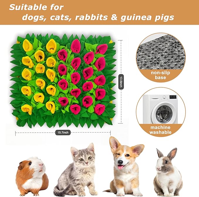 Snuffle Mat for Dogs, Cats, Rabbits, Guinea Pigs, Durable Washable Pet Feeding Mat, Flower & Grass Slow Feeder, Nose Work Training Pad, Anxiety Relief & Mental Stimulation(S, Yellow/Rose Red)