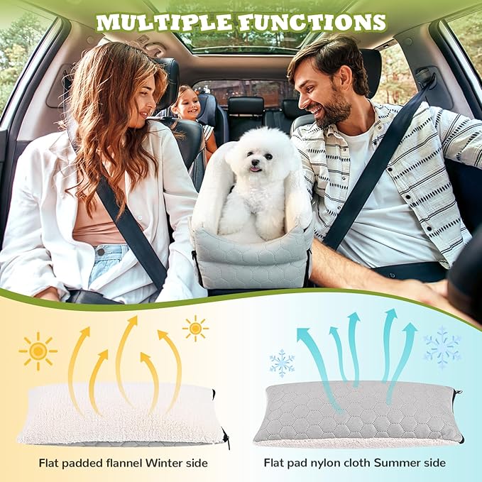 Center Console Dog Car Seat, Detachable Washable Dog Booster Seat, Adjustable Safety Belts and Built-in Leash Pet Carseat, Portable Puppy Travel Carrier with Cushion for Small Dogs Cats(Gray)
