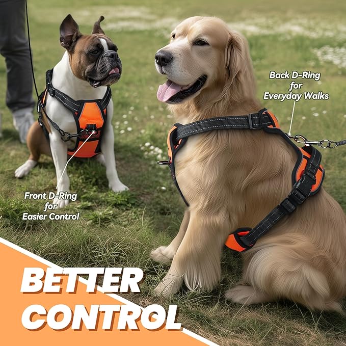 VIVAGLORY Dog Harness Easewalk No Pull Dog Harness with Handle Front Clip & Back Clip for Training Walking Lifting, No Pull Adjustable Easy On Padded Comfortable for Pet, M, Orange - Plain