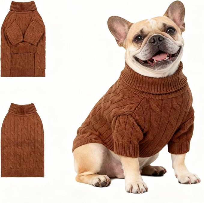 Small/Medium Dog Sweater, Warm Dog Winter Coat w/Sleeves, Comfortable High Neck Premium Dog Clothes for Bulldog-Best for Holidays, Daily Walks L Brown