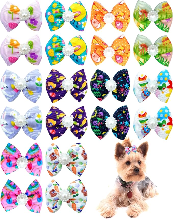 PET SHOW 20 Pack Easter Dog Hair Bows with Alligator Clips for Small Medium Dogs Colorful Bowknot Hair Clips Cat Puppy Yorkshire Grooming Hair Accessories Bunny Eggs for Party Costumes