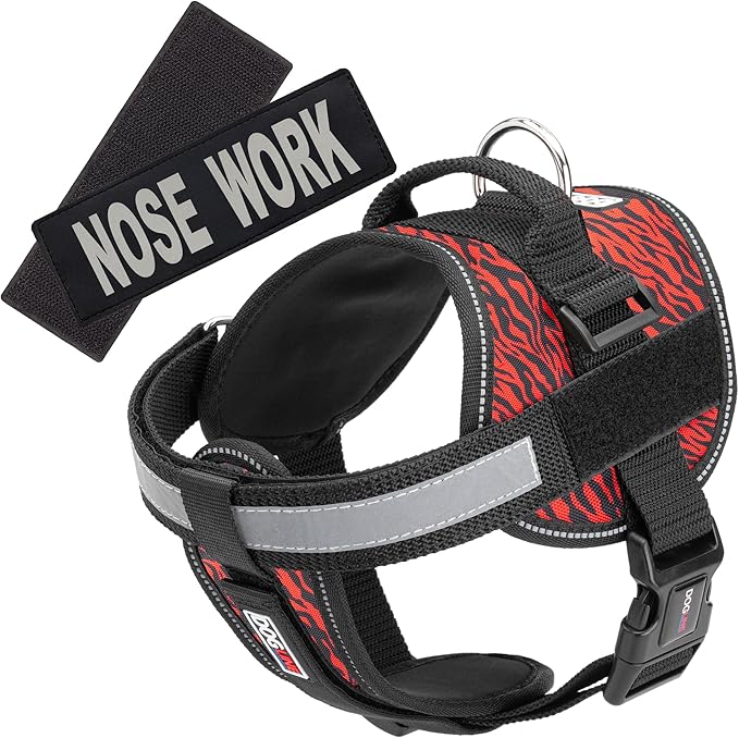 Dogline Unimax Dog Harness Vest with Nose Work Patches Reflective No-Pull, Adjustable Straps, Breathable Neoprene for Medical, Service, Identification and Training Dogs Girth 15 to 19" Zebra Red