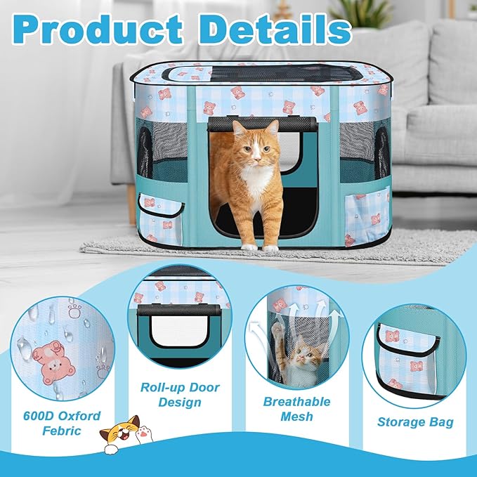 Foldable Dog Playpen Indoor,Expandable Puppy Playpen,Portable Pet Playpen for Small Animals,Waterproof Exercise Kennel Tent Crate for Travel,Camping, Home & Outdoor Use (M 31"L x 22"W x 21"H, Blue)