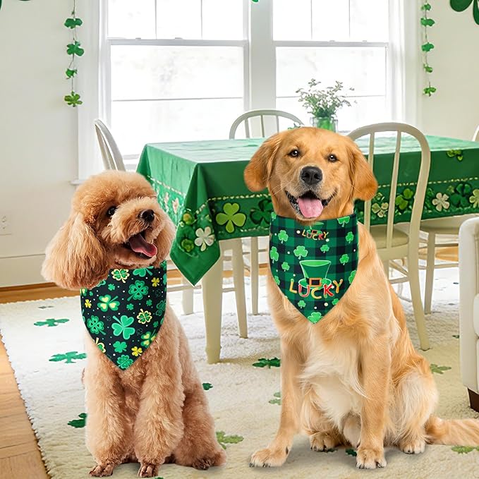 St. Patrick's Day Dog Bandanas Large 3PCS, 6 Pattern Green Scarf for Boy and Girl, Triangle Reversible Bibs Breed for Puppy Pets