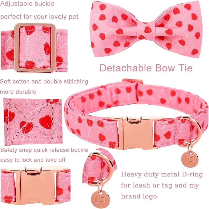 Valentine's Dog Collar With Bow Tie, Small Girl Dog Bowtie, Wedding Gift Pet Cotton Pink Collar With Metal Buckle, S