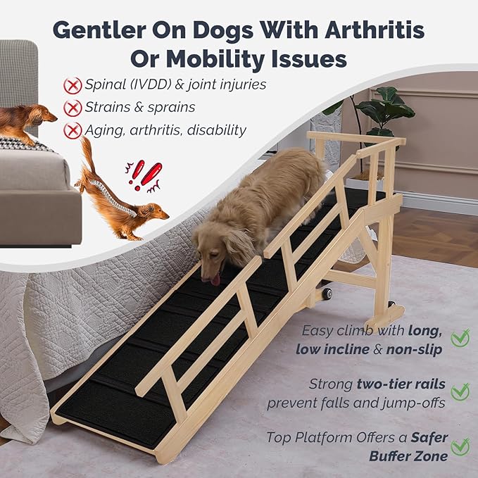 Dog Ramp for Bed or Couch, Wooden Pet Ramp with 20° Gentle Slope, Removable Side Rails, Non-Slip Surface, Top Platform & Wheels, Safe Bed Ramp for Small, Medium & Senior Dogs, 60" Long, Natural