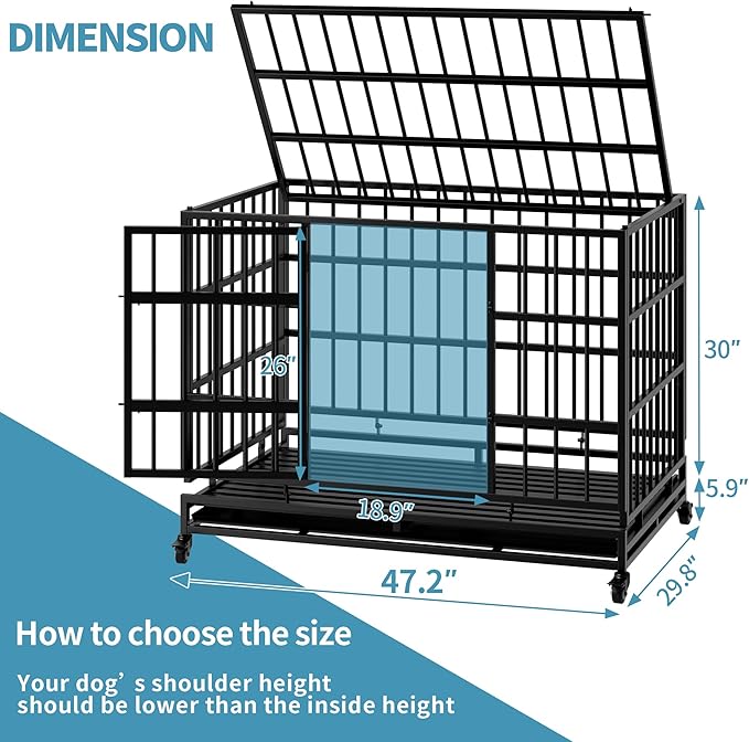 Indestructible Folding Dog Crate with Wheels, 48 Inch Heavy Duty Escape Proof Collapsible Metal Dog Kennel Cage for Large and Medium Dogs, High Anxiety Pet Crate with 2 Door and Removable Tray