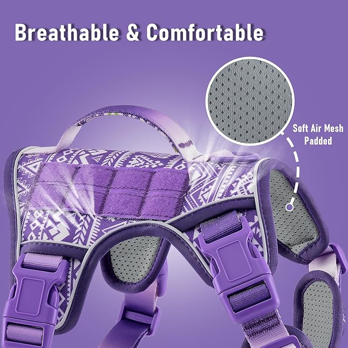 Small Dog No Pull Harness for French Bulldog Puggle Terriers, Pet Harness with Reflective Strip Soft Padded Handle, Adjustable Vest Harness for Walking Hiking Training, Geometric Pattern, Purple, S