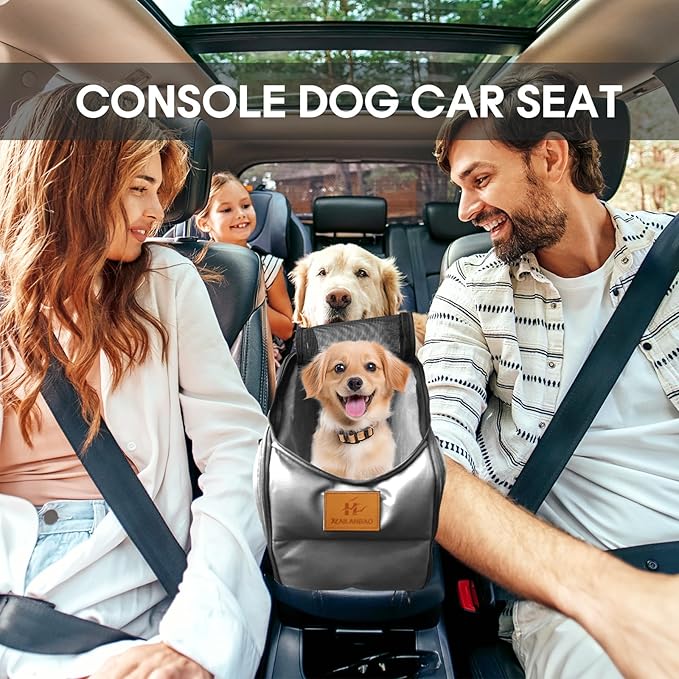 Multipurpose Console Dog Car Seat for Small Dogs & Cats， Portable Pet Carrier with Safety Tether & Storage Pockets (Black, Middle)