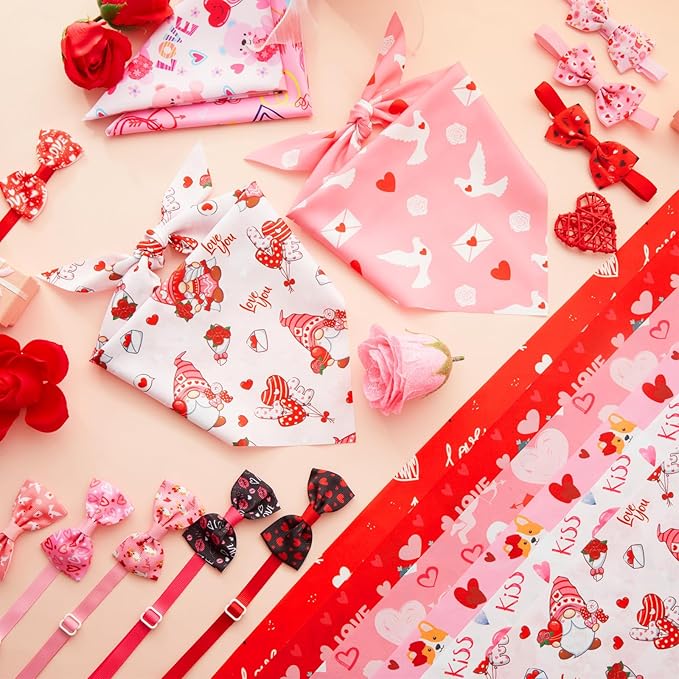 Sanwuta 100 Pcs Valentine's Day Dog Bandanas Bulk and Collar Bow Flower Ties Set 50 Valentine Bandanas 50 Heart Love Dog Collar Pet Triangle Pet Scarf Bowtie for Small Medium Large Costume Outfit