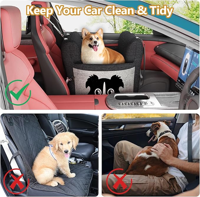 Dog Car Seat for Small Dogs,Waterproof Dog Booster Car Seat with Storage Pockets,Pet Carseat Puppy Travel Carrier Bed,Thickened Memory Foam Filling, Black & Grey