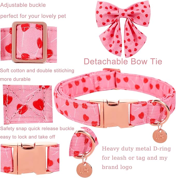 Valentine Dog Collar with Bow Tie, Valentine Bowtie Collar for Medium Girl Dog, Cotton Collar with Durable Metal Buckle, Valentine’s Gift Pet Collar, M, Red Heart