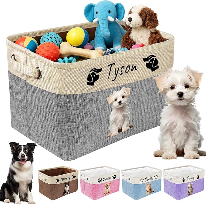 Personalized Dog Toy Basket with Name Photo Custom Cat Storage Organizer Box Collapsible Pet Chest Bins Customized for Toys Clothing-Grey