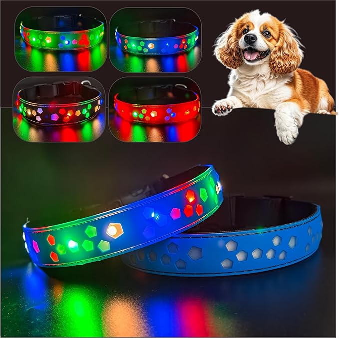 customerlized Personalized Dog Collar USB Rechargeable, Waterproof airtag Holder LED Light Up Dog Collar Adjustable Soft Silicone Collar for Medium Large Dogs (Blue PRO, XL(19.7-23.6"))