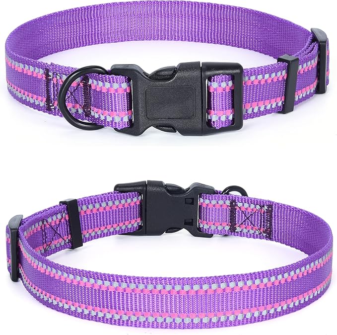 Mile High Life Reflective Dog Collar, Basic Dog Collars Adjustable Quick Release, Soft Nylon Pet Collar with Metal D-Ring for Small Medium Large Dogs (Purple, M Neck13-17")