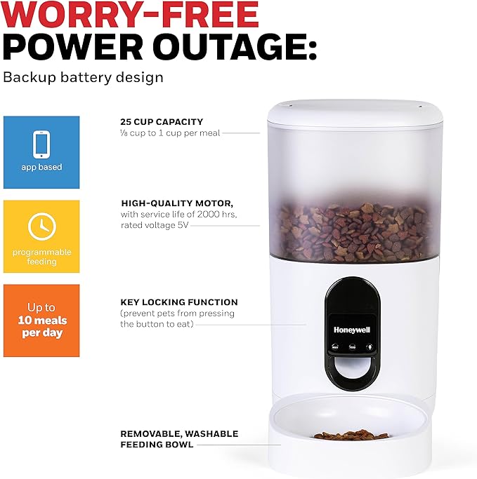 Honeywell 6L Automatic Pet Feeder: Programmable Dog and Cat Food Dispenser with Portion Control, Remote Feeding via Smartphone App, and Voice Message Feature – Ideal for Small to Large Breeds
