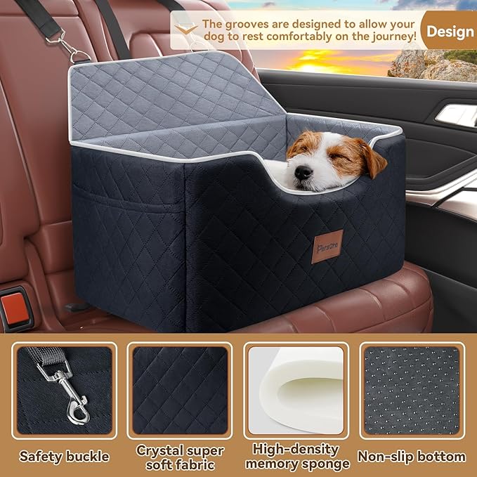 Dog Car Seat for Large Medium Size Puppy Dog,Soft Fabric Dogs Bed Filling Memory Foam,2 Clip-On Safety Leashs and 2 Pockets,Removable and Washable Comfy Pet Travel Car Seat(Black, Large)