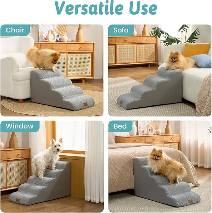 Dog Stairs for Small Dogs 15.7" H, 4-Step Sturdy Foam Dog Steps for Couch or Sofa, Curved Pet Stairs for Puppy and Older Cat, Doggie Ladder with Washable Cover, 15.7x28.3x15.7 inch, Gray