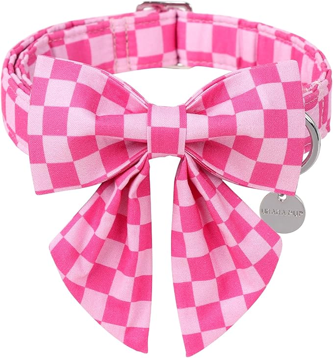 Dog Collar with Bow Tie,UP URARA PUP Pink Plaid Bowtie Dog Collar, Summer Bowtie Collar for Puppy Boy Girl Dog, Comfortable Cotton Dog Collar with Metal Buckle,XL,Neck 16-26in, PinkPlaid CS