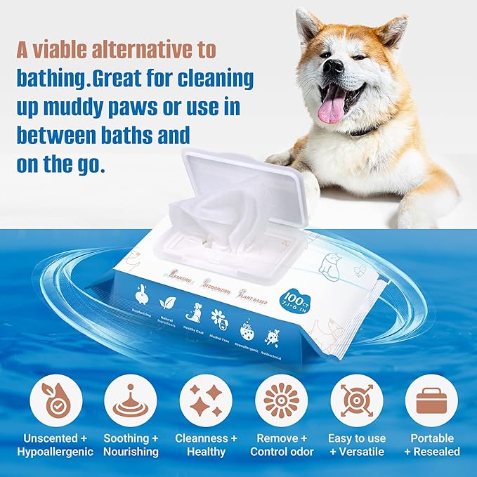 Dog Grooming Wipes - 200count/2packs Unscented Cat Wipes Cleaning Fur - Plant Based Pet Wipes for Dogs - Large & Thick Dog Paw Wipes - Fast Bath Dog Wet Wipes for Paws, Butt, Face and Body
