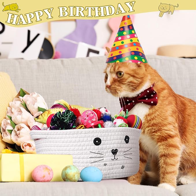 Zopeal 58 Pcs Cat Storage Basket Gift Toys Set, Colorful Flashing Balls Pet Bell Crinkle Balls Spring Toys Attract Cat to Swat, Hunt, Interactive for Pet(White,9.8 Inch)