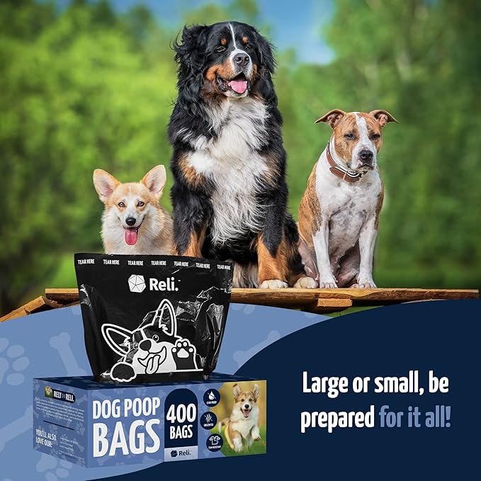 Reli. Dog Poop Bags (400 Bags - Large Single Roll) | Dispenser Box | 9x13" Large Doggie Poo Sack | Use for Yard Pickup | Bulk Single Roll | Unscented, Leak Proof (Black)