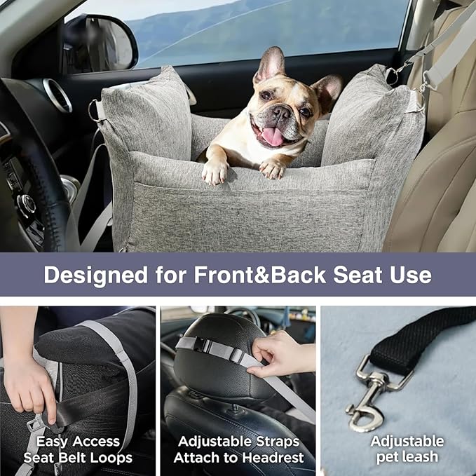 Pet Car Booster Seat for Small Dogs up to 25 lbs with Safety Straps, Storage Pockets, Travel Carrier Bed with Detachable Cover, Machine Washable (Light Gray)
