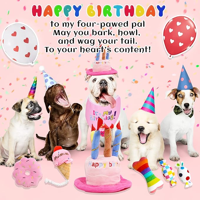 Dog Birthday Toys Girl, Squeaky Plush Birthday Cake Hat Bandana, Birthday Gifts for Small & Medium Dog, 9 Pack Pink