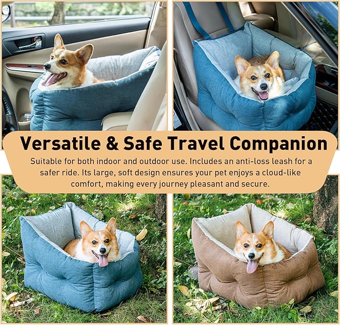 ETIAL Dog Booster Car Seat Medium Sized Dog, Anti-Slip Dog Travel Carrier Bed with Chunky seat and Clip-on Dog Safety Leash, Detachable Washable, Warm Soft Elevated Pet Car Seat Under 30lbs (Blue)