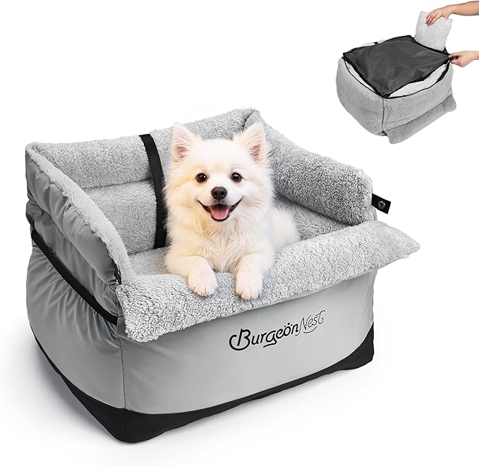 BurgeonNest Dog Car Seat for Small Dogs Under 25 lbs – Fully Detachable & Washable Pet Booster Seat with Safety Leash, Storage Pockets & Reversible Cushion, Portable Car Travel Carrier Bed, Grey