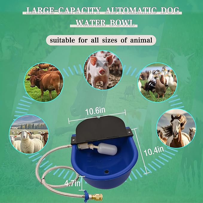 Automatic Water Dispenser for Dogs with Drain Hole & Drain Valve, 1 Gallon Auto Dog Water Bowl Outdoor with Float Valve, Hose Quick Connect Fitting, for Livestock, Chicken, Horse (Blue)