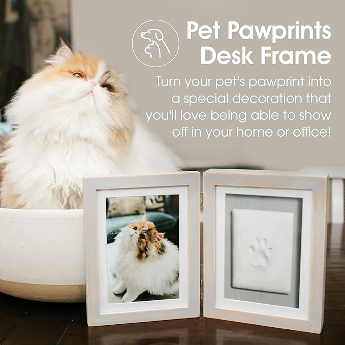 Pearhead Pet Paw Print Photo Frame with Clay Imprint Kit - Wooden Photo Frame, DIY No-Mess Pawprint Keepsake, Perfect for Cats & Dogs, Ideal Memorial and Home Decor Gift, Distressed Gray