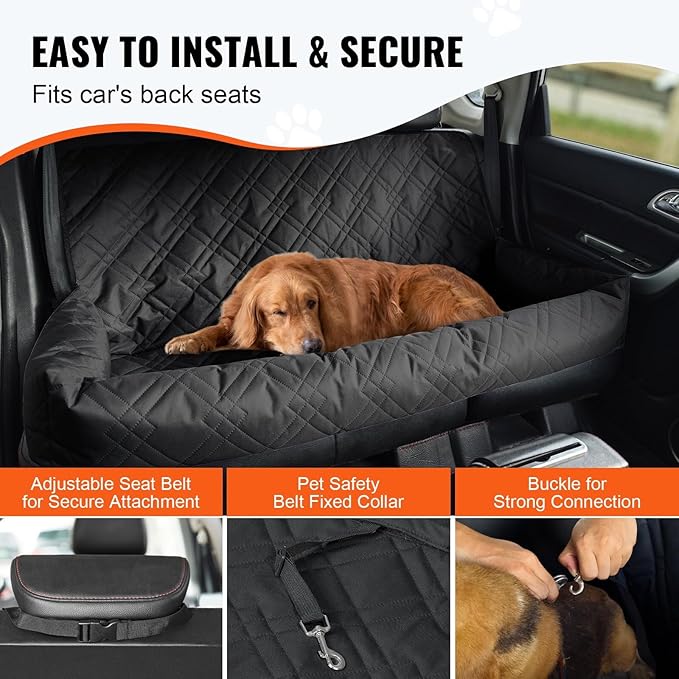 Pet Car Seat, Waterproof Dog Booster Seat with Safety Straps, PP Cotton Filled, 50x19.69x22.05 Inch, Black, for Vehicles and Indoor Use