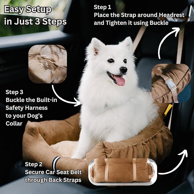 Futon Dog Car Bed for Small Dogs, Safety Seat Belt and Straps, Non-Slippery Bottom, Travel Bed, Elegant Design, Perfect for Dogs Under 25 Lbs