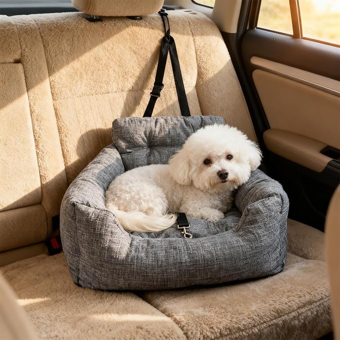 Dog Car Bed - Adjustable Foldable Safety Tether Cushions with Soft Padded Design, Dog Bed Car Seat for Travel Vehicles Summer Winter Trunk Interior Puppy Pet, Comfortable Secure Build